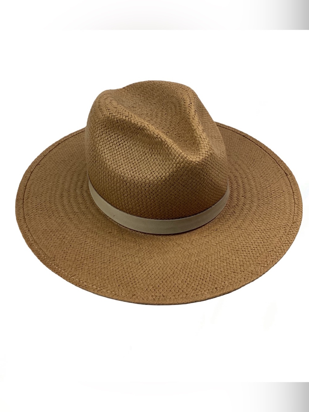 Janessa Leone Light Brown Straw Fedora Hat with natural leather band. Medium